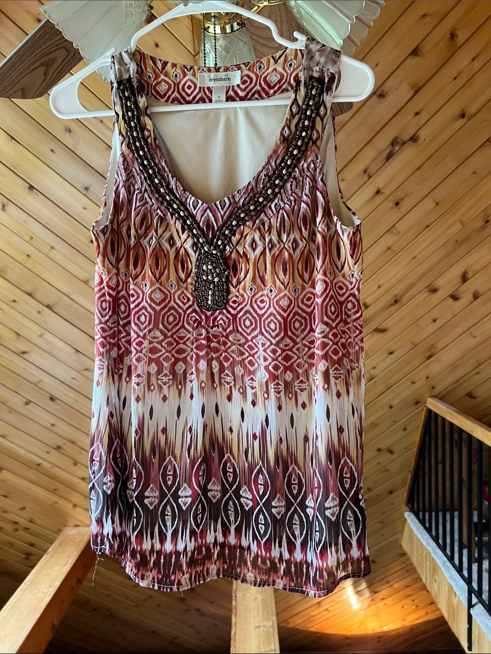 dressbarn Sleeveless Beaded Ikat-Print Camisole in Burgundy, Cream and Brown